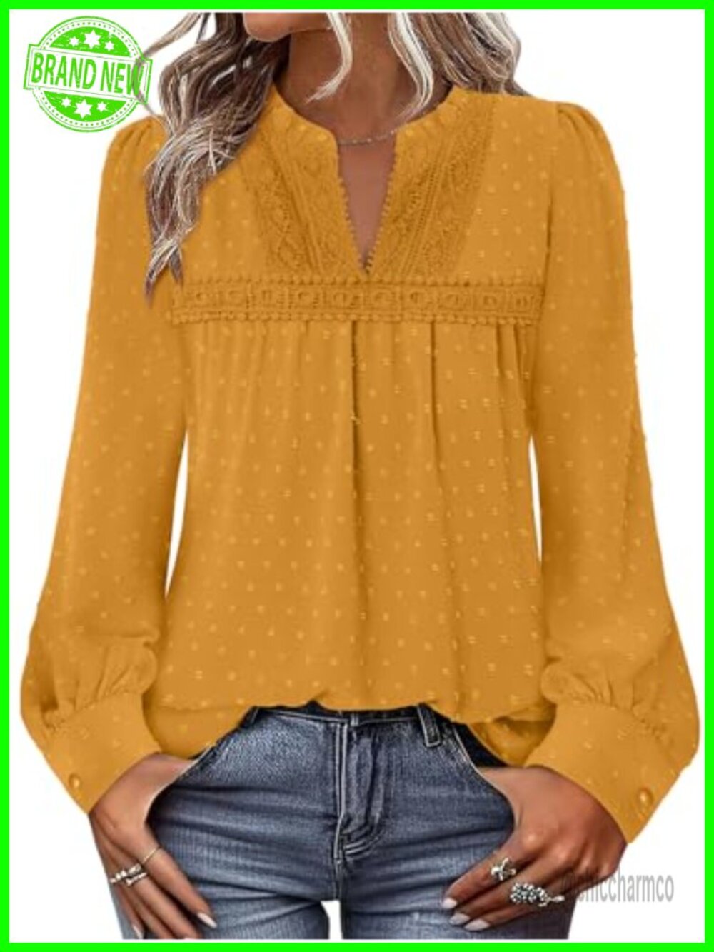 Boho Swiss Dot Blouse Long Sleeve V-Neck Peasant Tunic Top